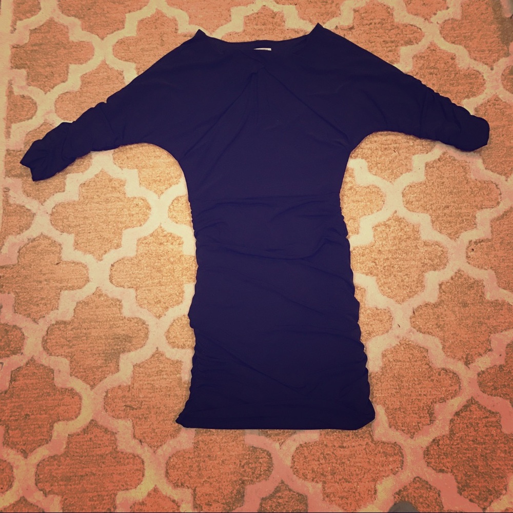 Black, 3/4 sleeve, ruched, fitted mini dress